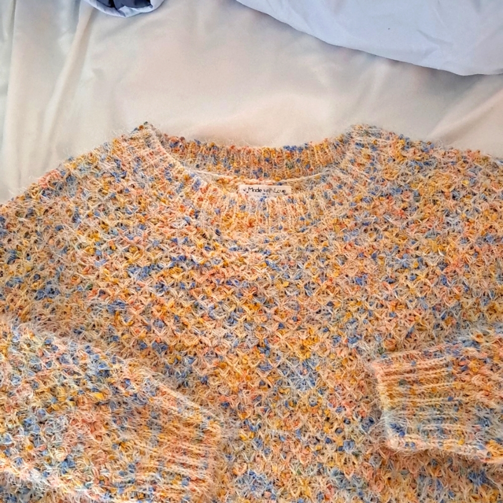 Made with love by fct crop sweater  blue and pink really soft